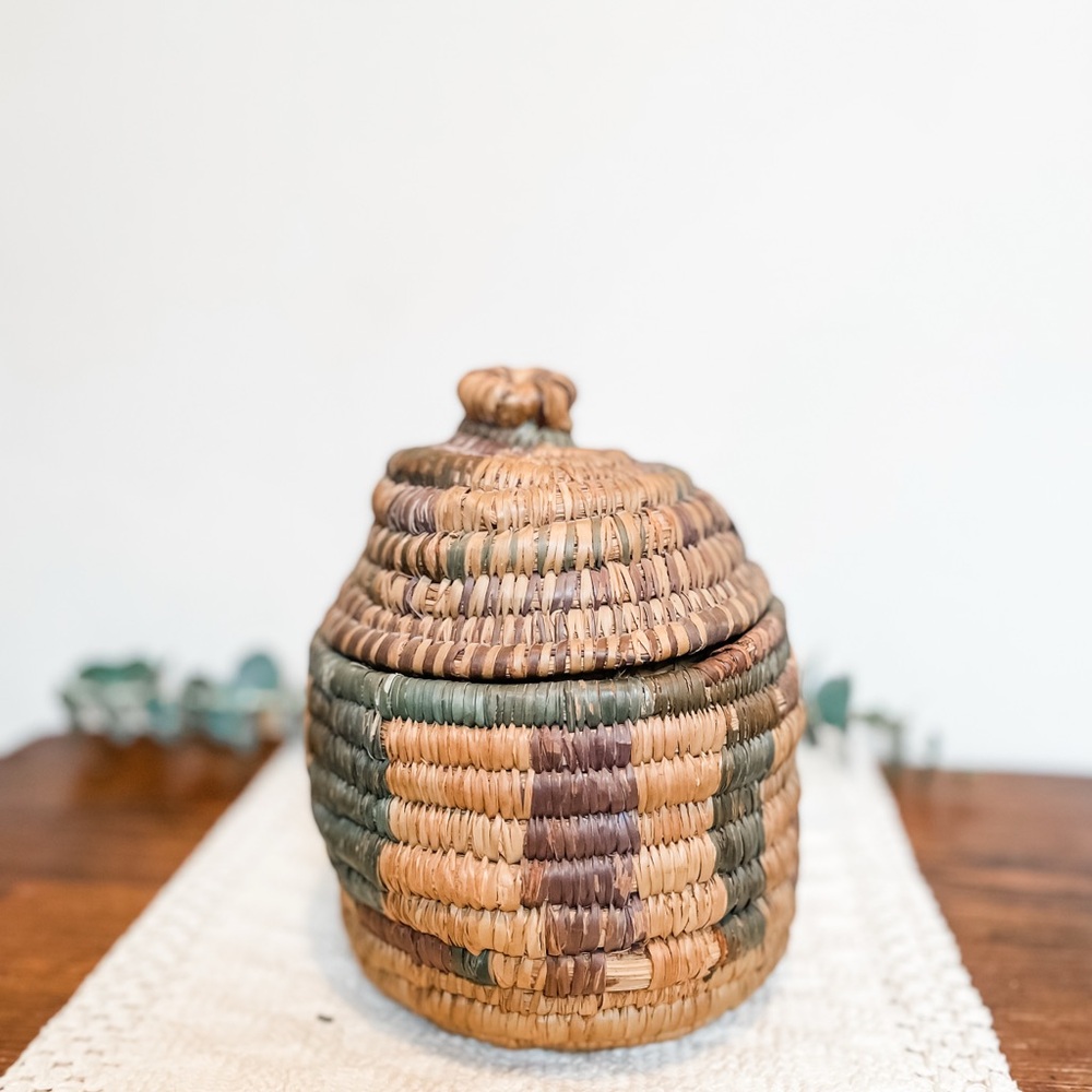 Traditional Hand-Woven Lidded Coil Basket